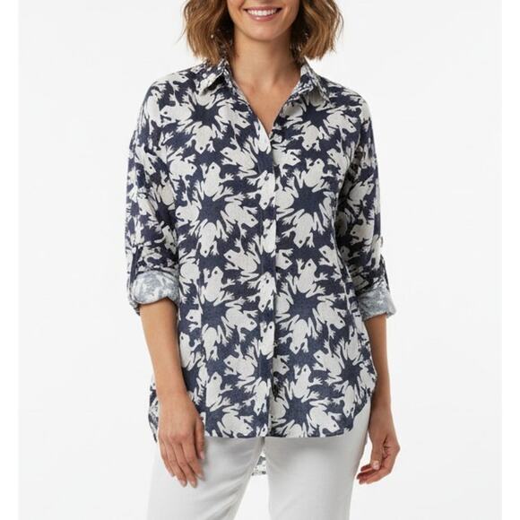 ​Lesley Evers Navy & White Frog Print Linen Blend Button-Down Shirt - Size Large - Picture 1 of 10